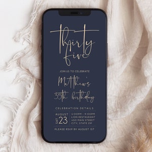 Navy Gold 35th Thirty Five Birthday Digital Invitation Evite Template, Phone text message invite, Editable Electronic Email Mens Invitation