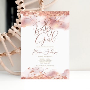 Baby Girl Rose Gold Foil Baby Shower Invite, Printable Baby Shower Invitation, Editable Invitation Template, Sweet Baby Girl Text Message
