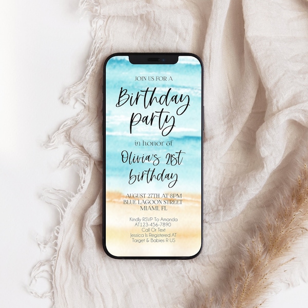 Electronic Beach Party Evite Invitation, Birthday Email Text Message Invite, 21st Birthday Digital Template, Watercolor smartphone  Invite