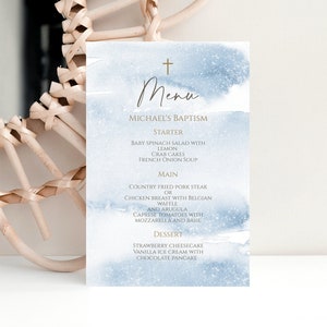 Modèle de menu de baptême, modèle de menu de baptême imprimable, menu aquarelle bleue, menu modifiable DIY, bleu et or, numérique de baptême de garçons