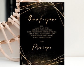 Black Gold Adult Birthday Card, Thank You Cards Anniversary, Editable Thank You Card, Thank You Template, Gold Geometric Thank You Notecard