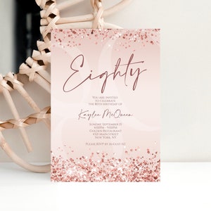 Printable 80th Eighty Birthday Invitation Template, Editable Rose Gold Confetti Birthday Invite, Email Text Message, Women Pink Invitation