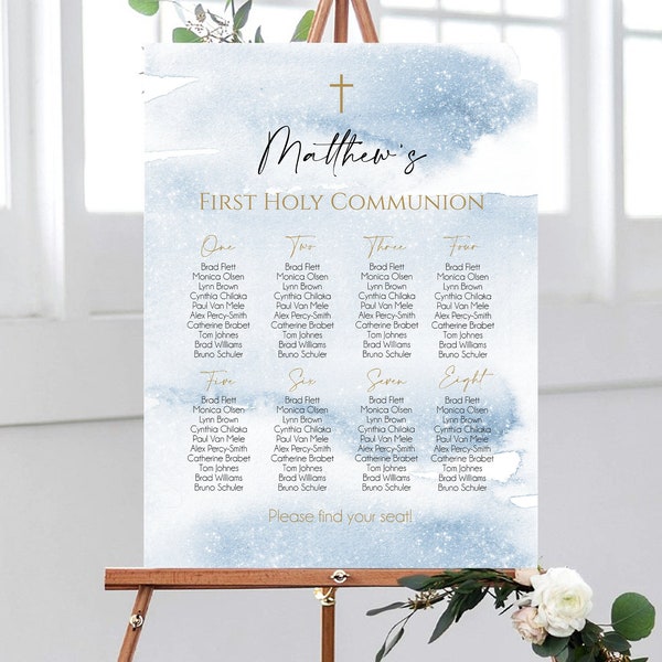 Printable First Holy Communion Seating Chart Sign Template, DIY Seating Chart, Editable Seating Chart, Blue Watercolor Boy Seating Sign PDF