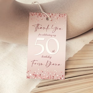 Cinquante 50e anniversaire Favor Tags, imprimable Merci Tag, Merci Tag, Rose Gold Confetti Tag, Any Age Birthday Tag, Editable Merci Tag