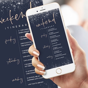 Blue Navy Gold Electronic Weekend Itinerary Template, Birthday, Bachelorette, Wedding, DIY Digital Schedule Itinerary, Editable Text Message