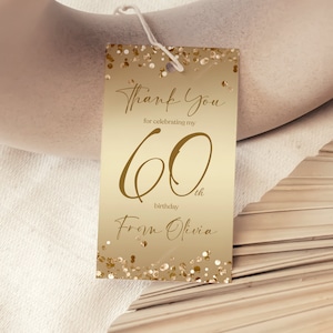 Etiquetas de lembrança douradas do 60º aniversário, modelo de etiqueta de agradecimento imprimível, etiqueta de lembrança de confete dourado, etiqueta de aniversário de qualquer idade, etiqueta de agradecimento editável