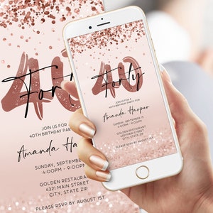 Modèle électronique d'invitation pour 40e anniversaire, confettis numériques en feuille d'or rose, invitation modifiable pour une fête entre filles, message texte par email