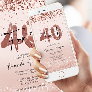 Electronic 40th Forty Birthday Invitation Template, Digital Rose Gold Foil Confetti, Girls Party Editable Invite Evite, Email Text Message