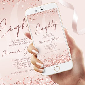 Rose Gold Achtzig 80. Digitale Einladungsvorlage, elektronische Pink Geburtstag Evite, Rose Gold Konfetti Geburtstagseinladung, bearbeitbare Textnachricht