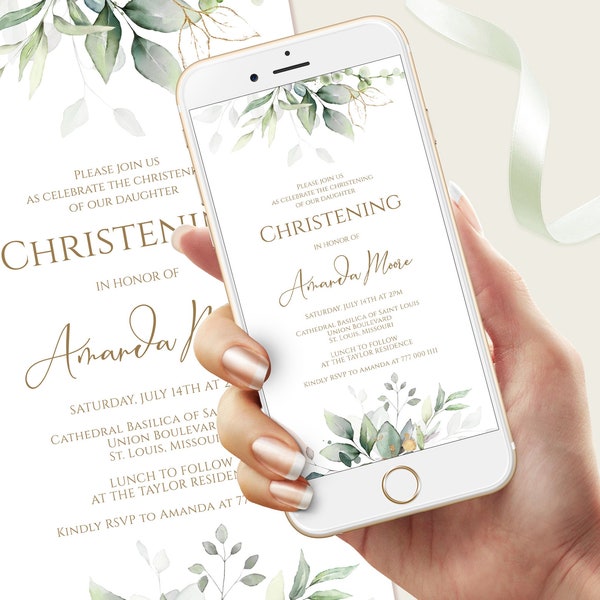 Digital Christening Invitation Template, Electronic Invite, Christening Evite, Phone Invitation, Christening Gold Greenery DIY Mobile Invite