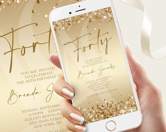 Gold Digital Forty 40th Birthday Invitation Template, Electronic Birthday Evite, Gold Confetti Phone Invitation, Custom Mobile Text Message