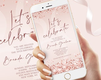 Digital Rose Gold Birthday Invitation Template, Electronic Birthday Invite, Editable Let's Celebrate Text Message Evite, DIY Any Age Invite