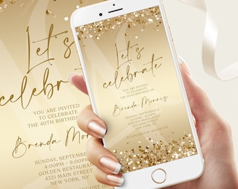 Digital Gold Birthday Invitation Template, Electronic Birthday Invite, Editable Let's Celebrate Text Message Evite, Custom Any Age Invite