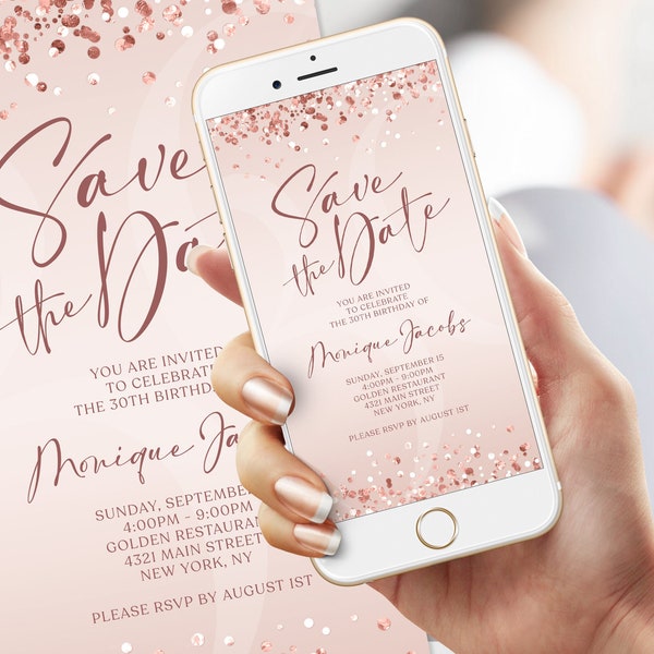 Electronic Rose Gold Foil Save The Date Invite, Digital Invitation Template, 40th Forty Save The Date Invite, Custom Any Age  Editable Evite