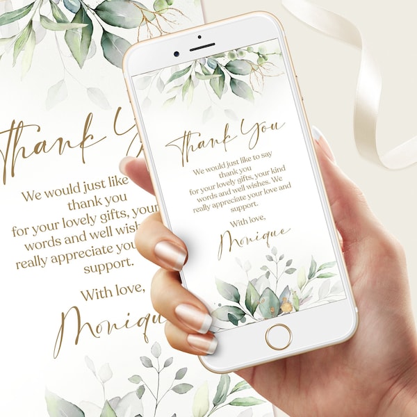 Greenery Digital Thank You Card Template, Editable Instant Download, Electronic Baby Thank You Note Phone eCard Text Message Paperless Evite