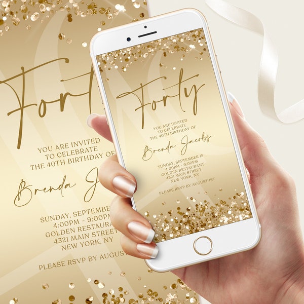 Gold Digital Forty 40th Birthday Invitation Template, Electronic Birthday Evite, Gold Confetti Phone Invitation, Custom Mobile Text Message