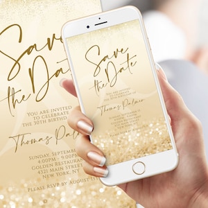 Digital Gold Save The Date, elektronische Einladungsvorlage, Goldkonfetti Save The Date, bearbeitbare Einladung, DIY Textnachricht Mobile Einladung