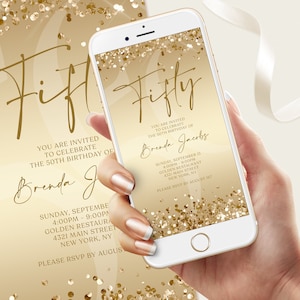 Gold 50th Fifty Invite Digital Template, Electronic Gold Birthday Evite, Gold Confetti 50th Birthday Invitation, Editable Text Message Evite