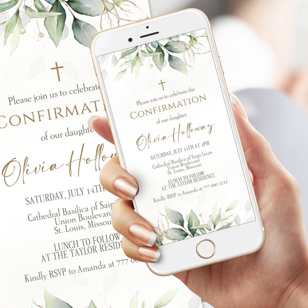 Digital Confirmation Invitation Template, Electronic Greenery Confirmation Invite, Boy, Girl Editable Confirmation Text Message Phone Evite