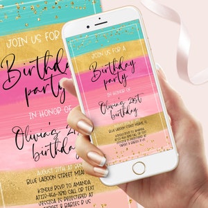 Electronic Girl Birthday Party Text Invitation, Digital Any Age Rainbow Gold Birthday Invite Text Evite, Instant Download, Editable Template