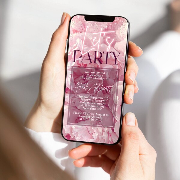 Electronic Pink Floral Birthday Party Invitation, Digital Birthday Invite, Editable Template, Any Age Mobile Text Evite, Email Text Message