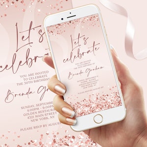 Digital Rose Gold Birthday Invitation Template, Electronic Birthday Invite, Editable Let's Celebrate Text Message Evite, DIY Any Age Invite