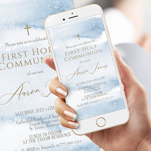 Digital Blue Watercolor First Communion Invitation, Electronic Boy First Holy Communion Invite, Editable Invitation Template, Text Message