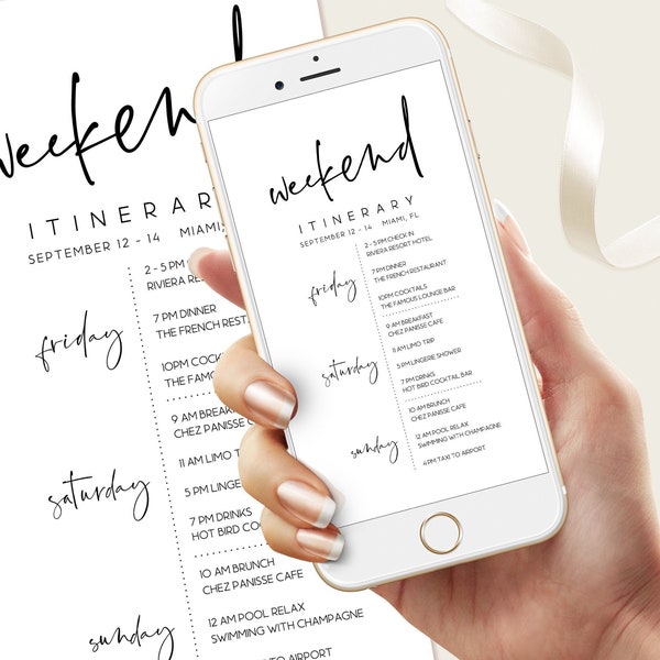 Electronic Simple Itinerary Template, Editable Hens Party Weekend Itinerary, Bachelorette, Minimalist Birthday Weekend, Elegant Itinerary