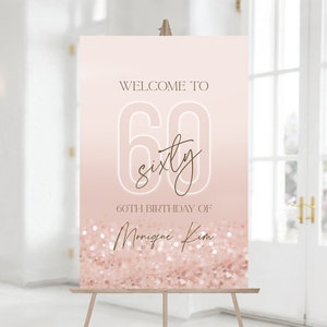 Signo de bienvenida de fiesta de cumpleaños número 60 imprimible, plantilla editable, plantilla de signo de bienvenida de cumpleaños de lujo, tablero de confeti rosa de oro rosa