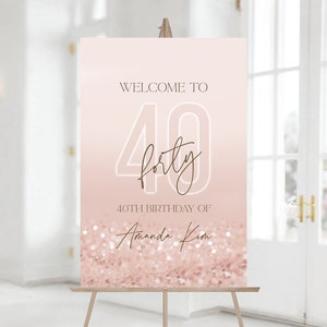 Signo de bienvenida de la fiesta de cumpleaños número 40 imprimible, plantilla editable, plantilla de signo de bienvenida de cumpleaños de lujo, tablero de confeti rosa de oro rosa