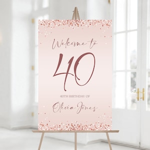 Imprimible oro rosa 40 40 fiesta de cumpleaños cartel de bienvenida, cartel editable, plantilla de cartel de bienvenida de cumpleaños de oro rosa rosa, confeti de oro rosa