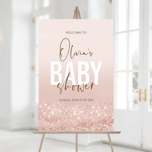 Plantilla imprimible de letrero de bienvenida para baby shower de niña, póster de bienvenida para baby shower con confeti dorado rosa editable, tablero imprimible para baby shower rosa
