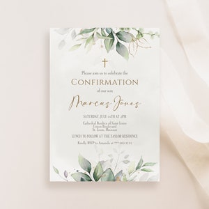 Printable Confirmation Invitation Template, Greenery Watercolor Invite, Editable Girl, Boy Confirmation Invite Card, DIY Email Text Message