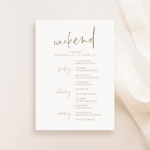 Plantilla de itinerario imprimible, itinerario de fin de semana de fiesta de gallinas editable, despedida de soltera, fin de semana de cumpleaños simple, itinerario elegante, minimalista