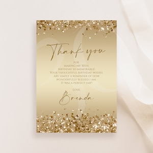Cartão de agradecimento de aniversário dourado, aniversário de cartão de agradecimento, cartão de agradecimento editável, modelo de agradecimento, confete de folha de ouro, cartão de agradecimento