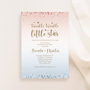 Afdrukbare Twinkle Little Star geslacht onthullen uitnodigingssjabloon, bewerkbare Twinkle Twinkle kleine ster uitnodigen, blauw roze tekstbericht Evite