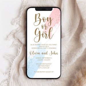 Digital Boy Or Girl Gender Reveal Electronic Invitation, Watercolor Splash, Virtual SMS Text Message Invite, He Or She Reveal Party Evite