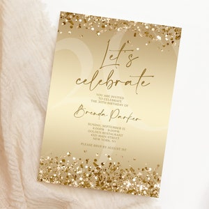 Printable Let's Celebrate Gold Birthday Invitation Template, Gold Confetti Birthday Invite, Editable Text Message Invitation, Any Age Invite