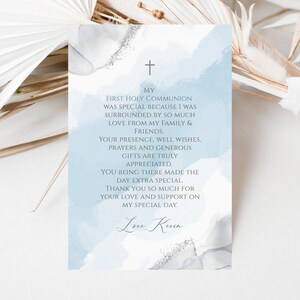 Modèle imprimable de carte de remerciement, note de remerciement modifiable pour la première communion pour garçon 4 x 6, carte de remerciement aquarelle bleu argent, Message texte