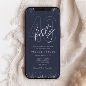 Electronic Navy Silver 40th Forty BIRTHDAY Invitation, Phone Email text message invite, Editable Template, Digital Mens Invite DIY Download