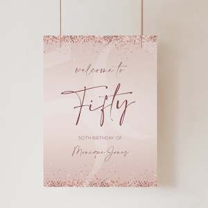 Printable 50th Fifty Birthday Party Welcome Sign, Editable Template, Modern Birthday Welcome Sign Poster, Rose Gold Glitter Pink Confetti