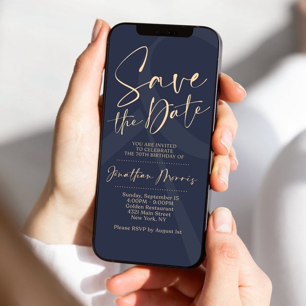 Save the Date 70th Seventy Birthday Digital Invitation, Phone text message invite, Editable Template, Electronic Navy Save the date Evite