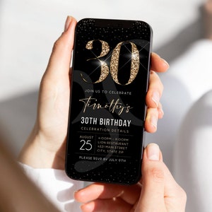 Luxury Digital 30th Thirty Birthday Evite Invitation Template, Electronic Black Gold Modern Invite, Email Text Message Evite, Phone Invite