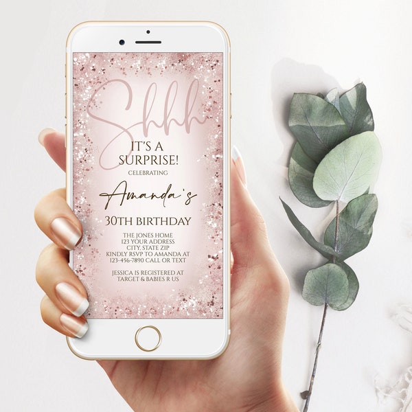 Digital Shhh it's a surprise Evite, Electronic 30th birthday, Email text message invitation template, Any Age, editable Smartphone  Invite