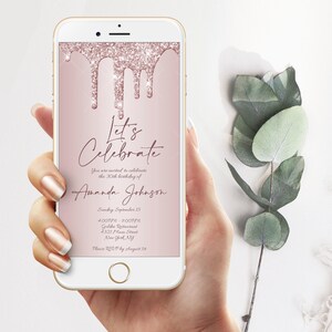 Elektronische verjaardagsuitnodiging, digitale laat vieren, verjaardag Evite rose gouden glitter, meisje verjaardagsuitnodiging, bewerkbaar sms-bericht