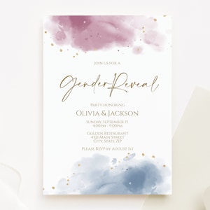 Gender Reveal Einladungsvorlage, Druckbare Rosa und Blau Gender Neutrale Baby Shower Einladung, Junge oder Mädchen Party Bearbeitbare Einladung Download