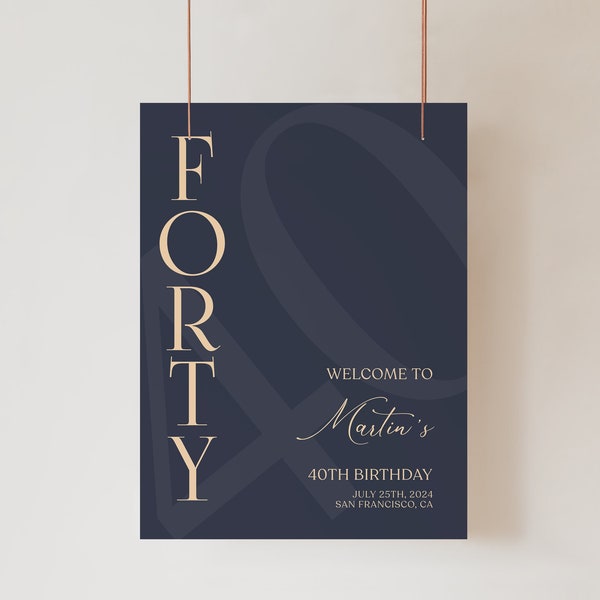 Printable 40th Forty Birthday Welcome Sign Template, Blue Navy Gold Editable Welcome Sign Poster, Birthday Decorations, DIY Elegant Board