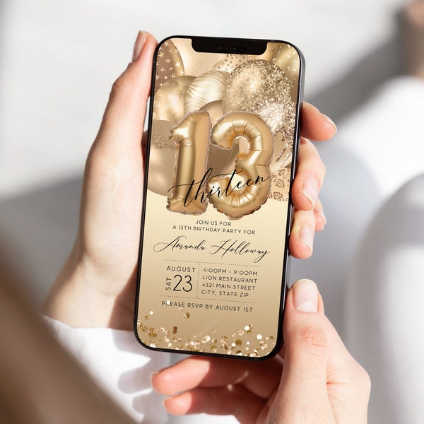 Digital Thirteen 13th Birthday Electronic Invite, Editable Invite, Gold Balloons, Text Message Evite, Custom Mobile Invitation, DIY Template