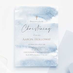 Printable Christening Boy Invitation, Blue Boy Christening Invite Template, Blue Gold Watercolor, Editable Baptism, Modern Digital Template