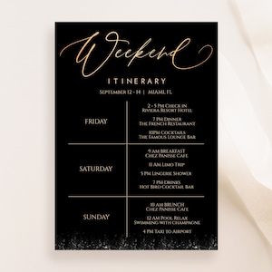 Printable Itinerary Template, Editable Weekend Itinerary, Hens Party Bachelorette, Birthday Weekend, Gold Black Itinerary, Instant Download